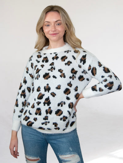Sahara White Fuzzy Leopard Sweater-Dakotas Boutique