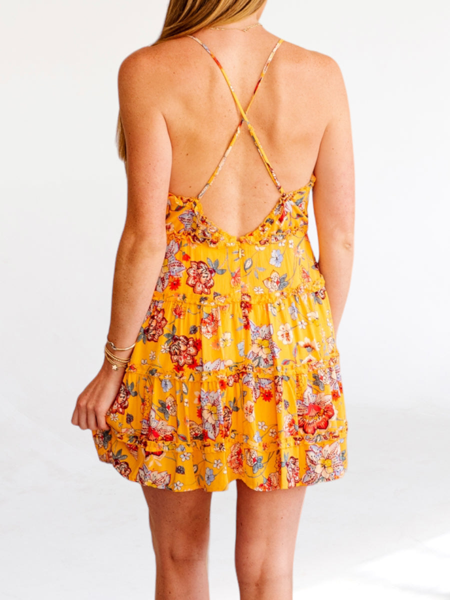 Marigold Orange Floral V-neck Dress