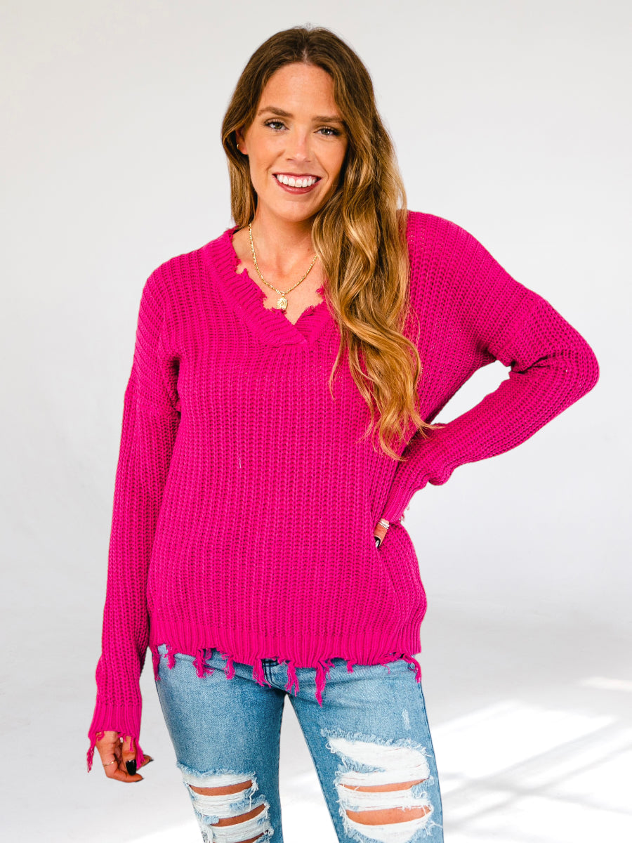 Barbie Hot Pink Knit Distressed Hem Sweater