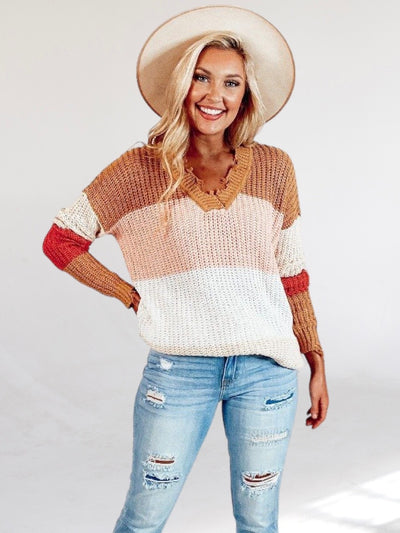 Pink Stripe Color Block Knit Sweater-Dakotas Boutique