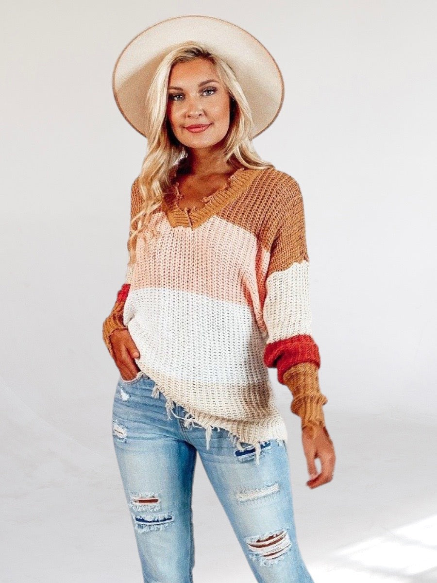 Pink Stripe Color Block Knit Sweater-Dakotas Boutique