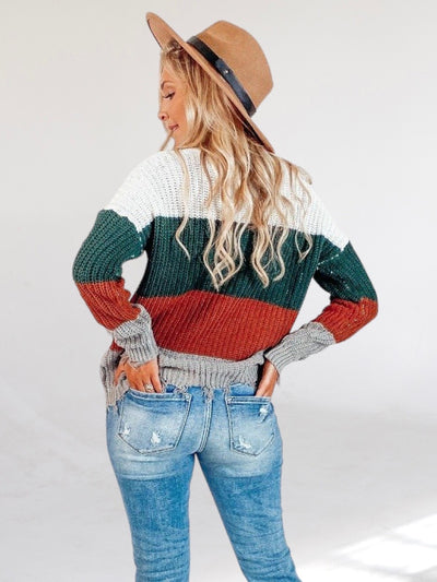 Green Striped Color Block Knit Sweater-Dakotas Boutique
