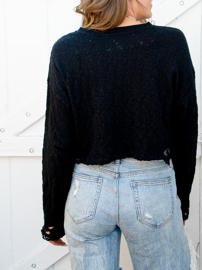 Vintage Black Distressed Crop Sweater-Dakotas Boutique