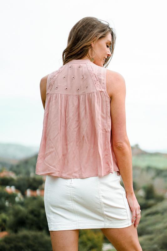 Pink Embroidered Lace Eyelet Tank Top-Dakotas Boutique